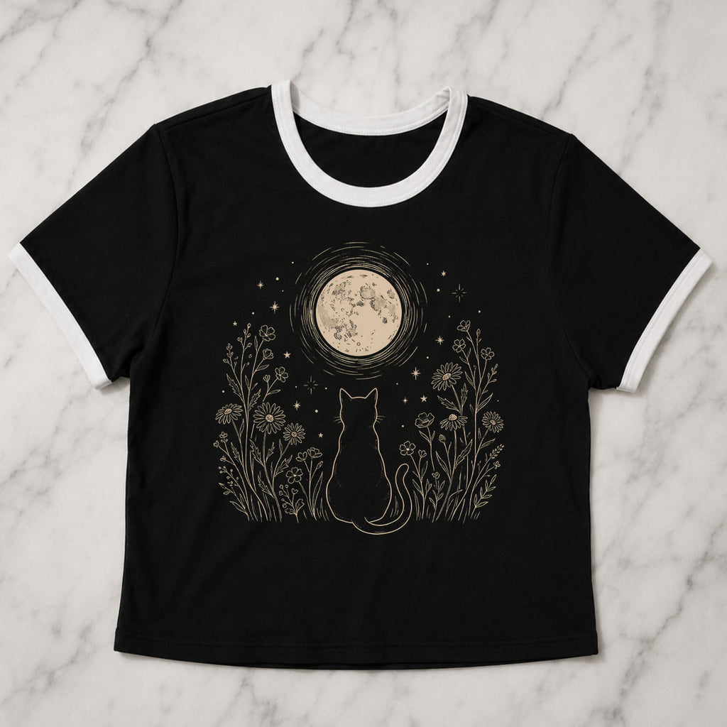 Stargazing Cat Ringer Crop T-Shirt