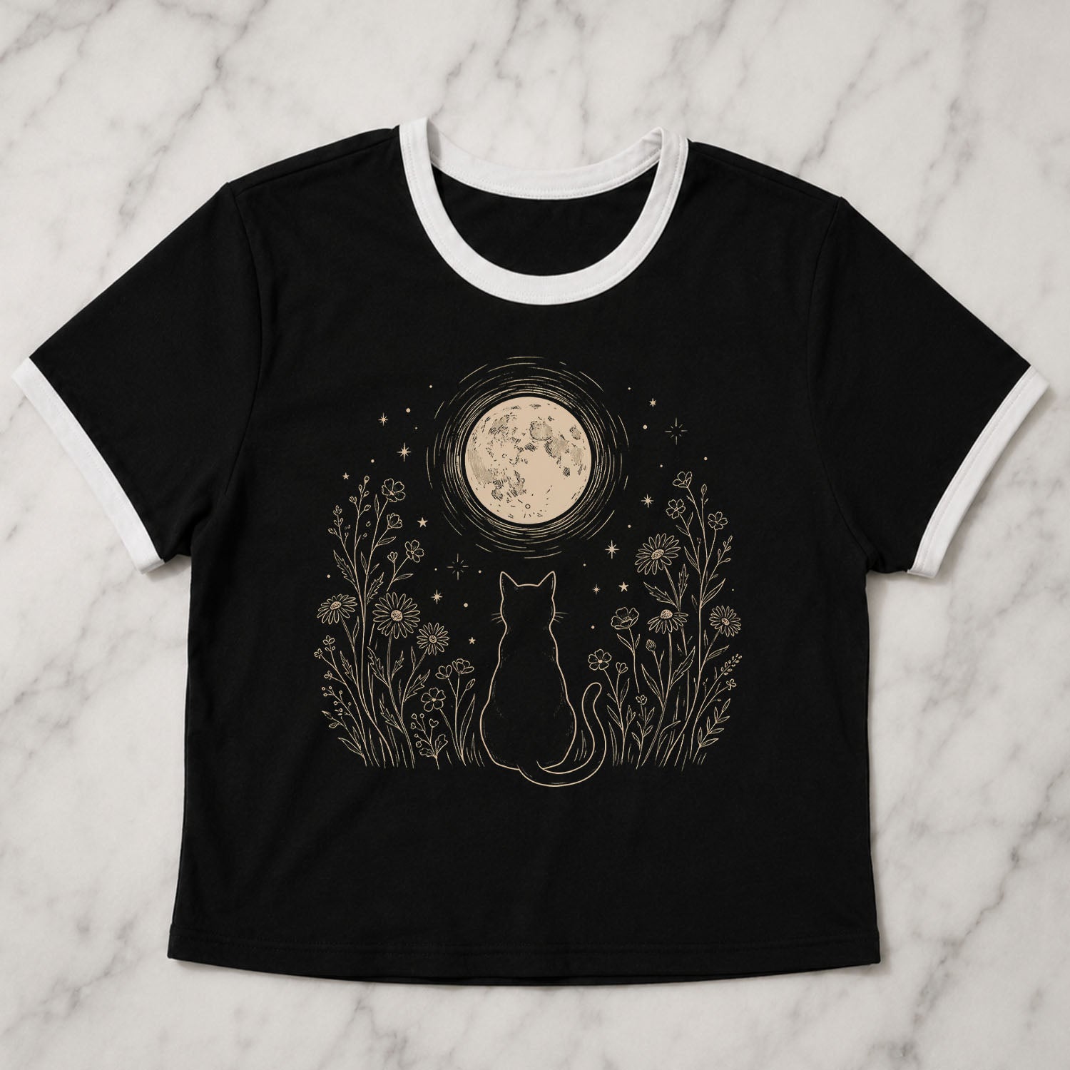 Stargazing Cat Ringer Crop T-Shirt