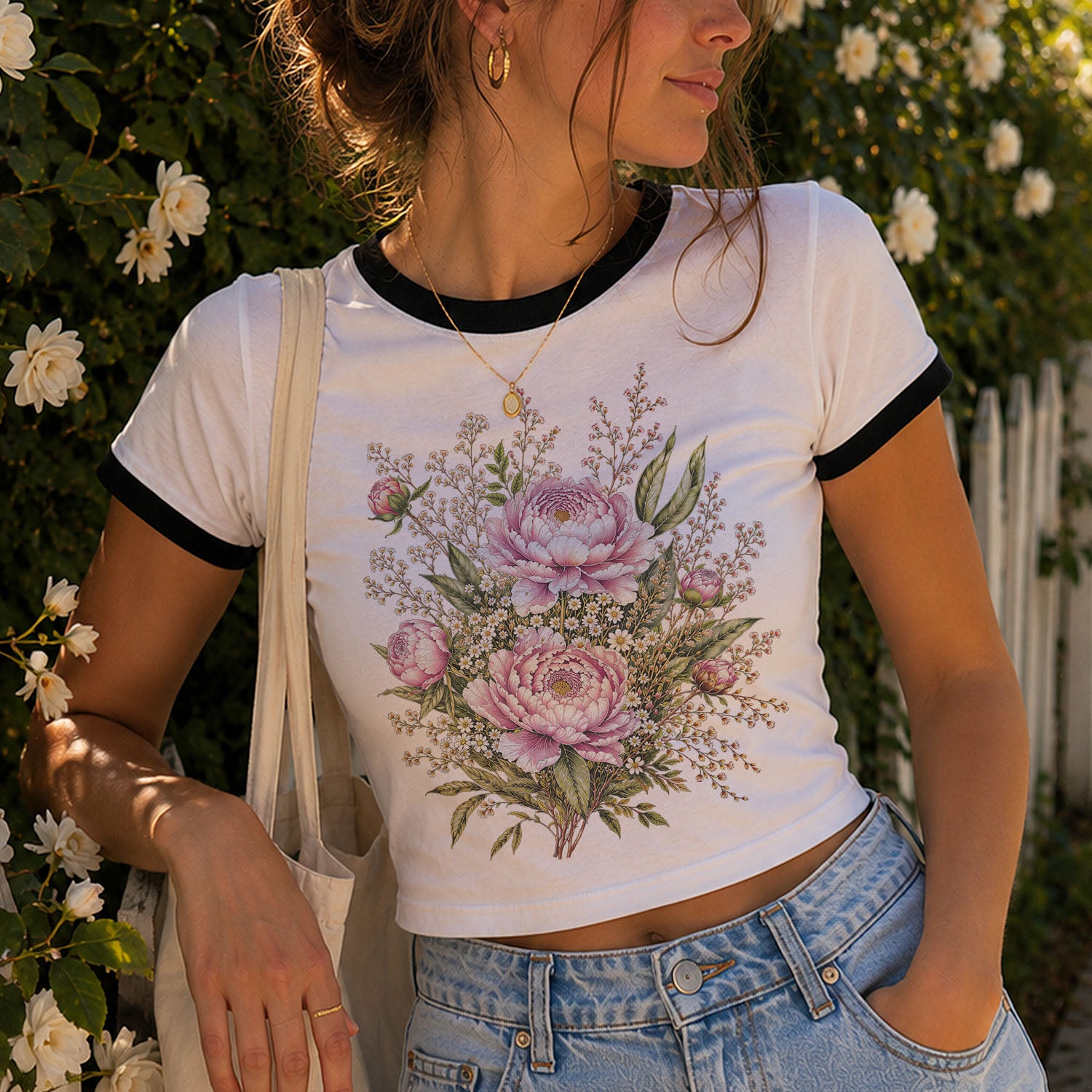 Pink Peony Floral Ringer Crop T-Shirt