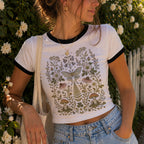 Whimsical Moth Wildflower Ringer Crop T-Shirt