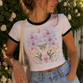 Moonlit Pink Orchid Flower Ringer Crop T-Shirt