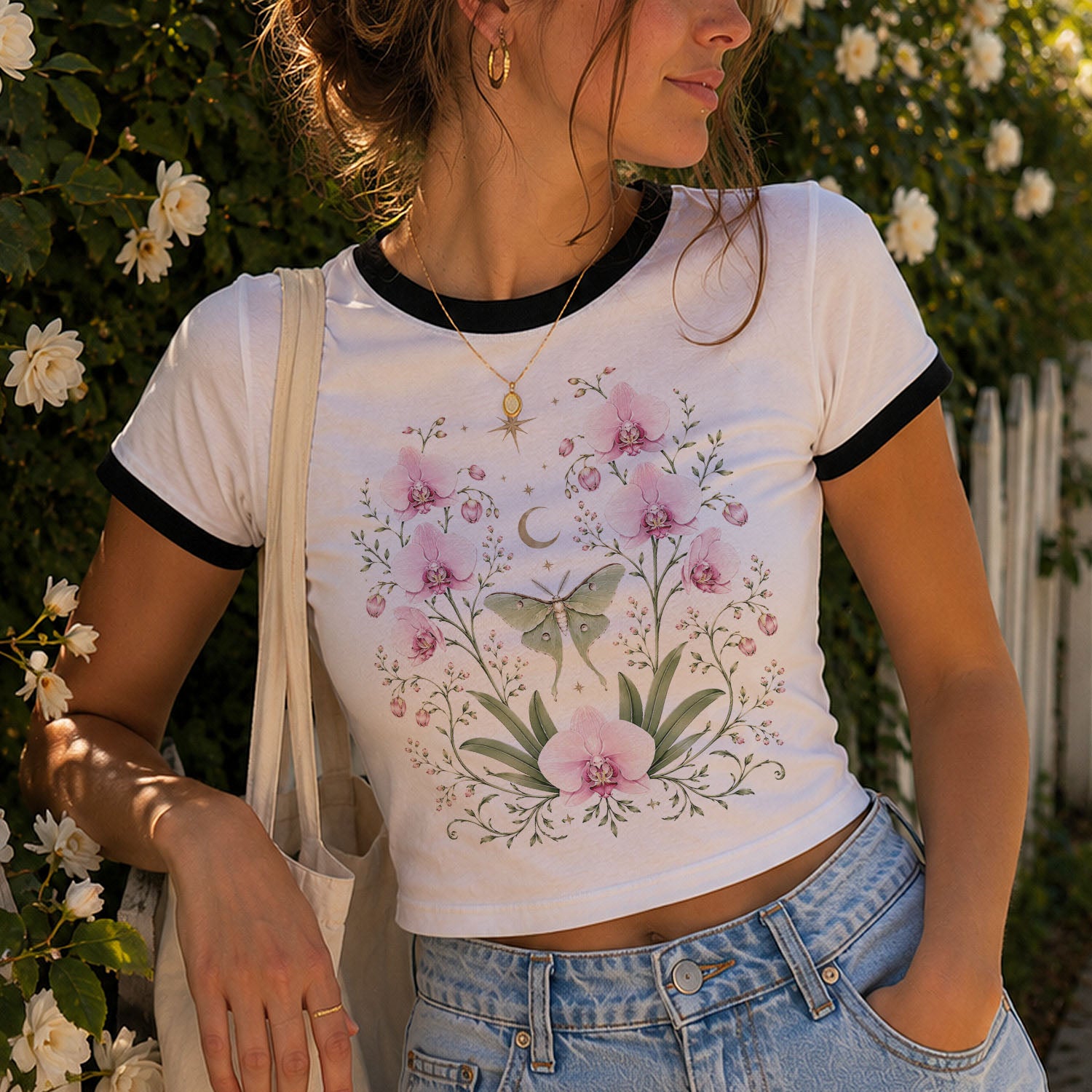 Moonlit Pink Orchid Flower Ringer Crop T-Shirt