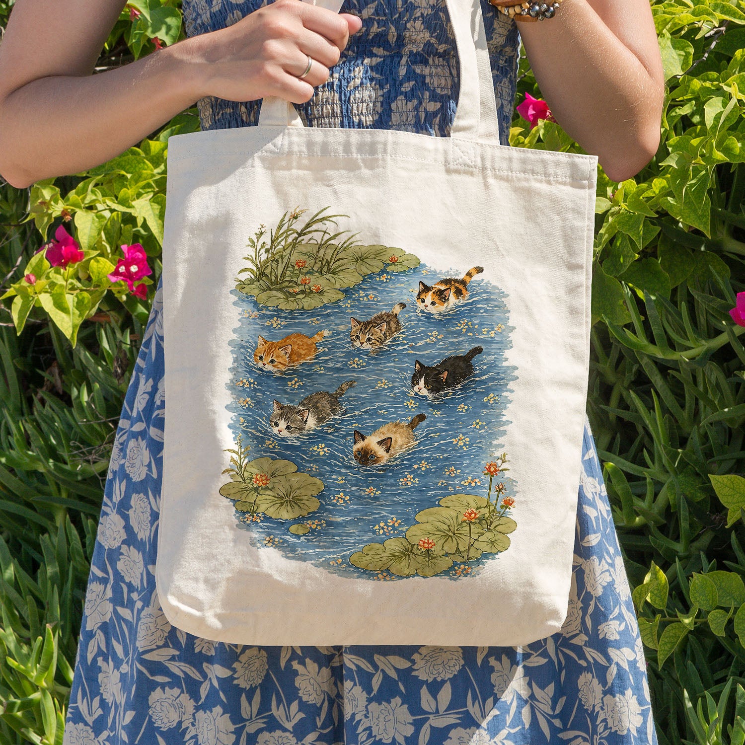 Swimming Cats in Pond Tote Bag