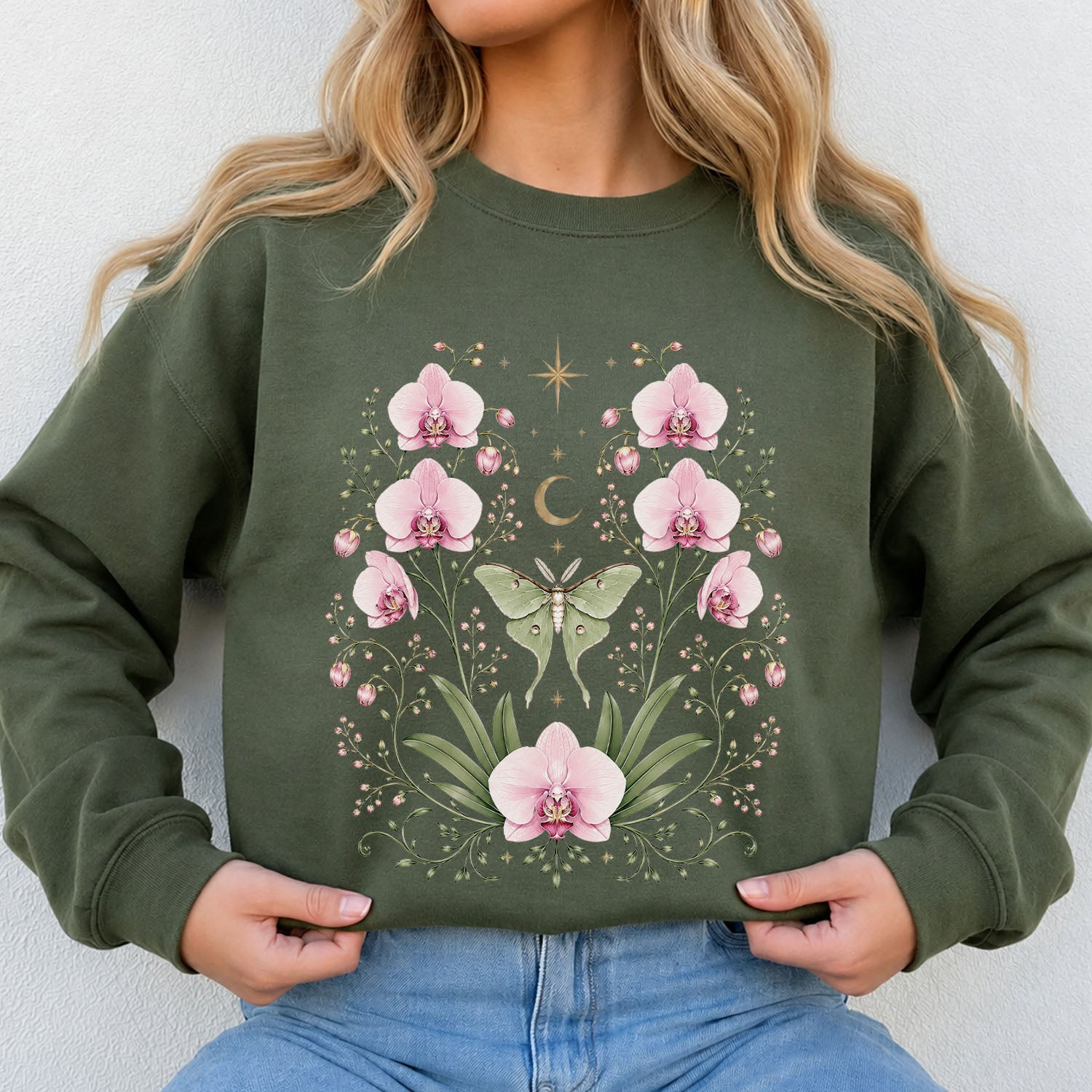 Moonlit Pink Orchid Flower Sweatshirt