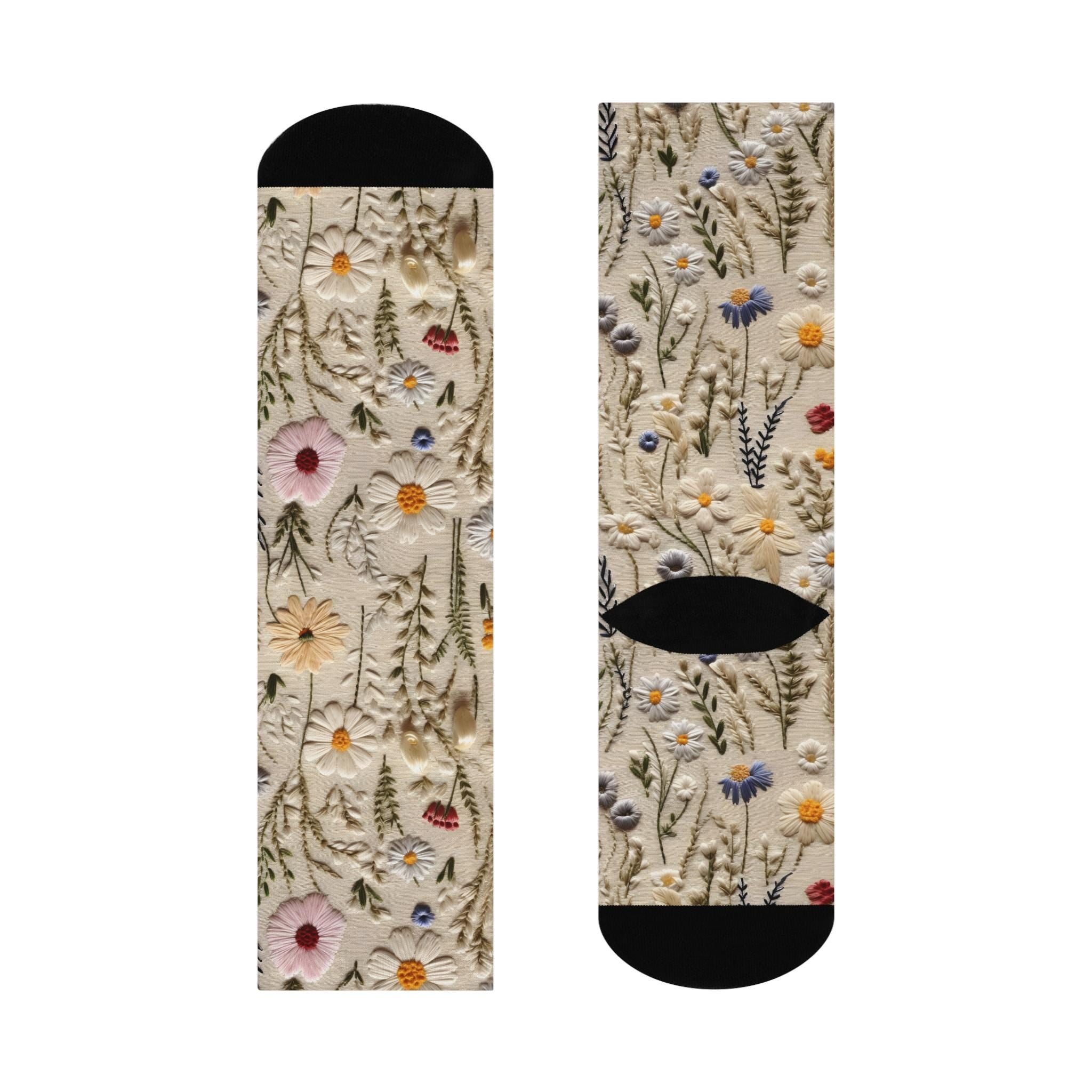 Faux Embroidery Look Floral Socks, Wildflower Cottagecore Witchy Socks, Emo Punk Gothic Fashion, Hippie Womens Adults Unisex Socks