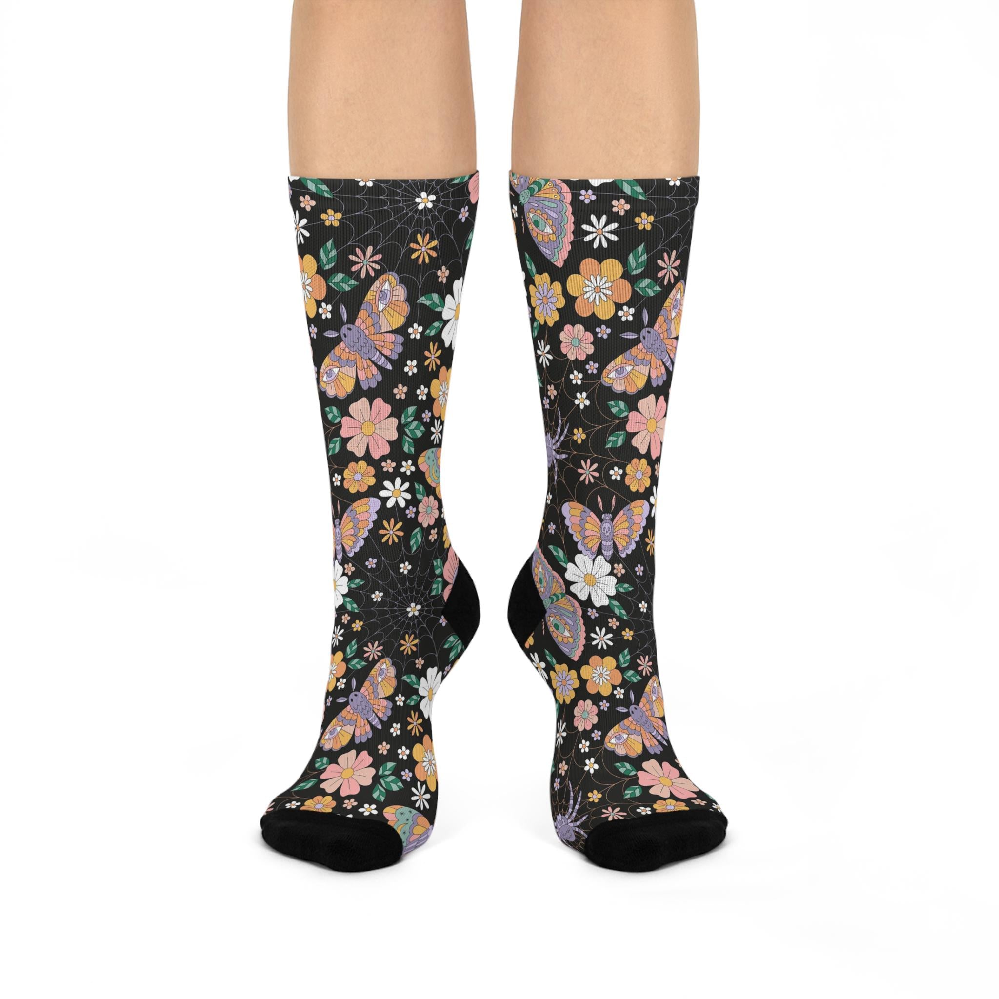 Spiderweb Wildflower Socks, Cottagecore Witchy Socks, Emo Punk Gothic Fashion, Groovy Hippie Womens Adults Unisex Socks