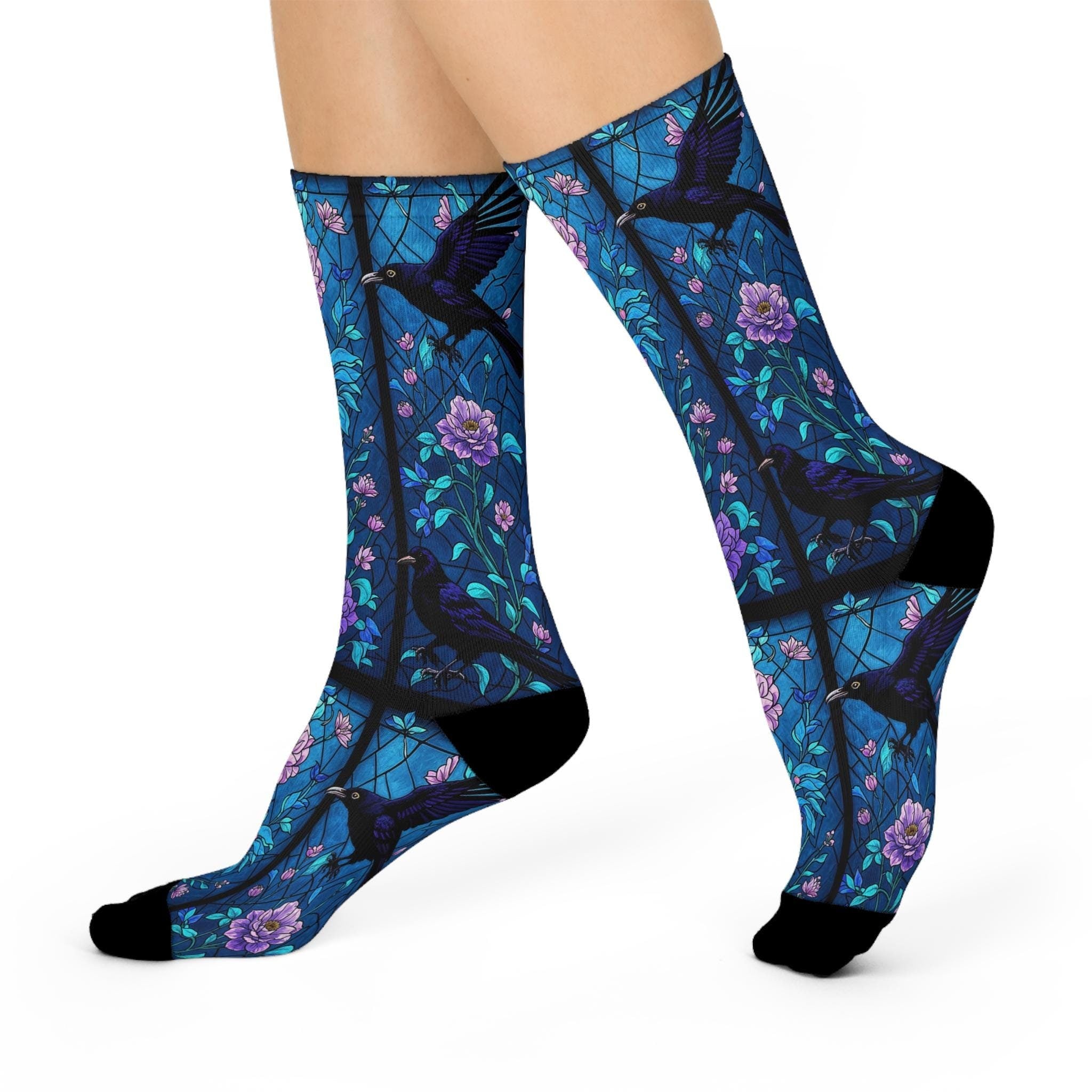 Blue Mosaic Stained Glass Raven Socks, Wildflower Cottagecore Witchy Socks, Emo Gothic Fashion, Indie Fantasy Womens Adults Unisex Socks