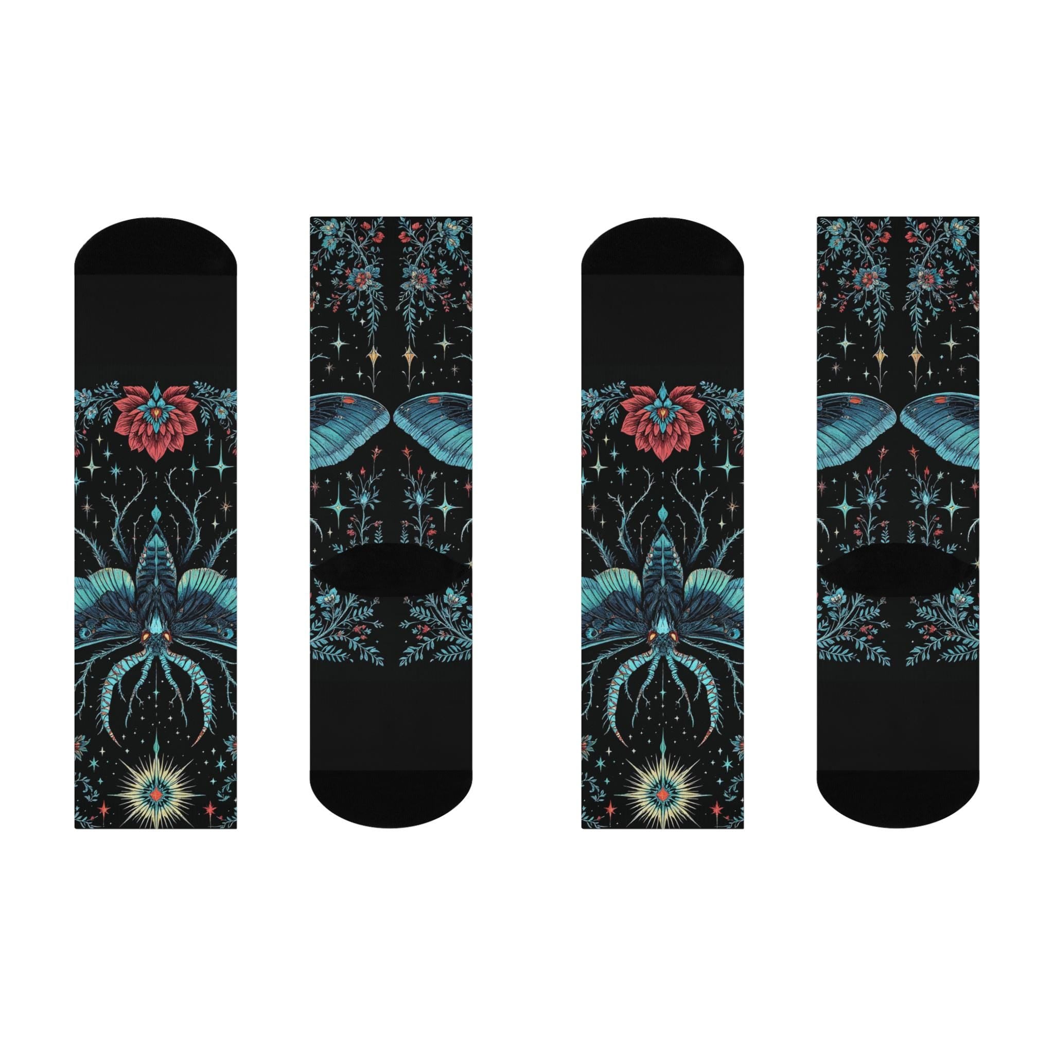 Mothman Socks, Butterfly Wildflower Cottagecore Witchy Socks, Fantasy Gothic Fashion, Fantasy Hippie Womens Adults Unisex Socks
