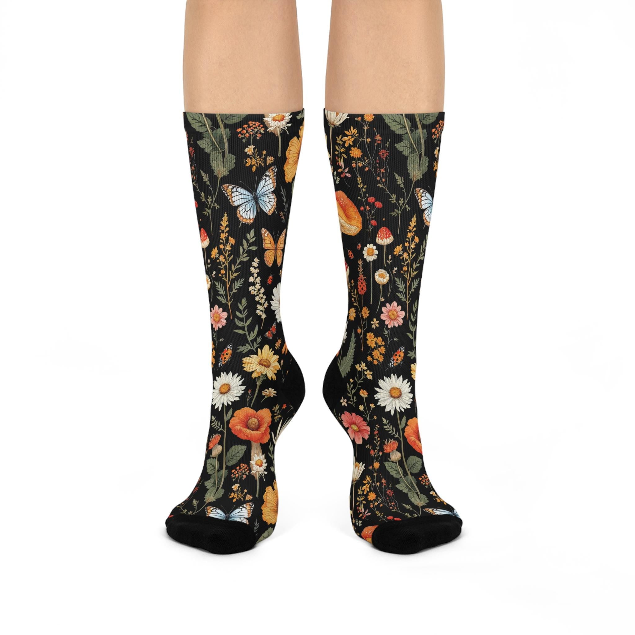 Orange Mushroom Wildflower Socks, Cottagecore Witchy Socks, Emo Punk Gothic Fashion, Mens Womens Adults Unisex Socks