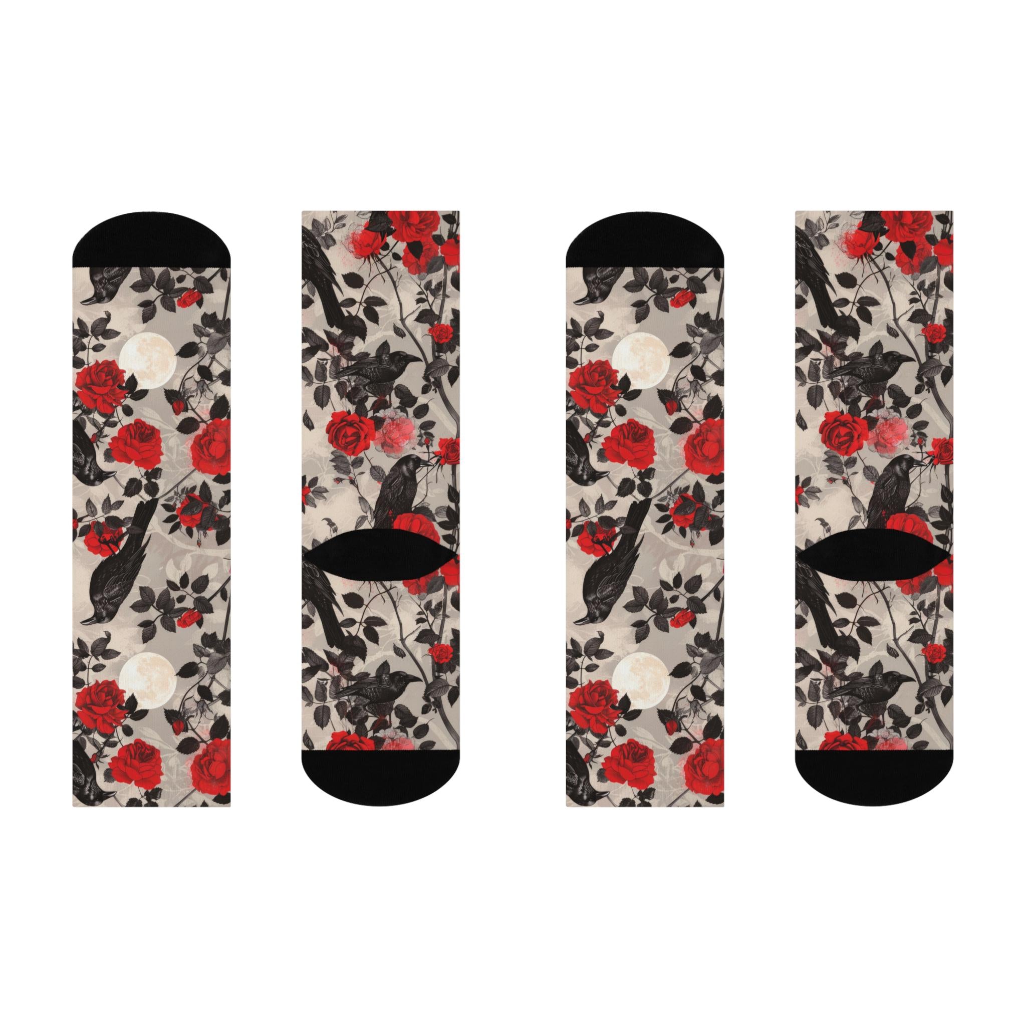 Black Crow Rose Socks, Moon Wildflower Cottagecore Witchy Socks, Gothic Fashion, Fantasy Hippie Womens Adults Unisex Socks