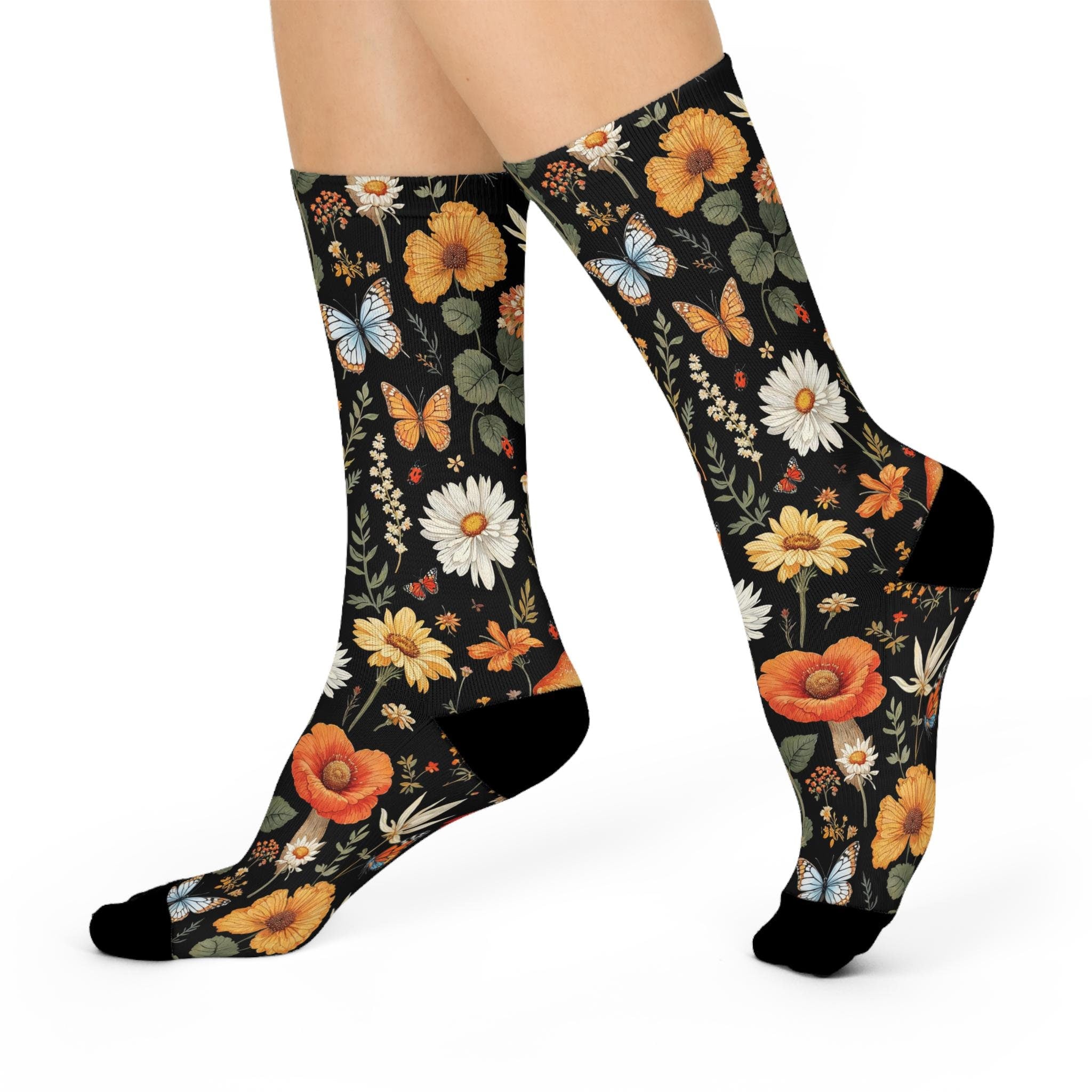 Orange Mushroom Wildflower Socks, Cottagecore Witchy Socks, Emo Punk Gothic Fashion, Mens Womens Adults Unisex Socks