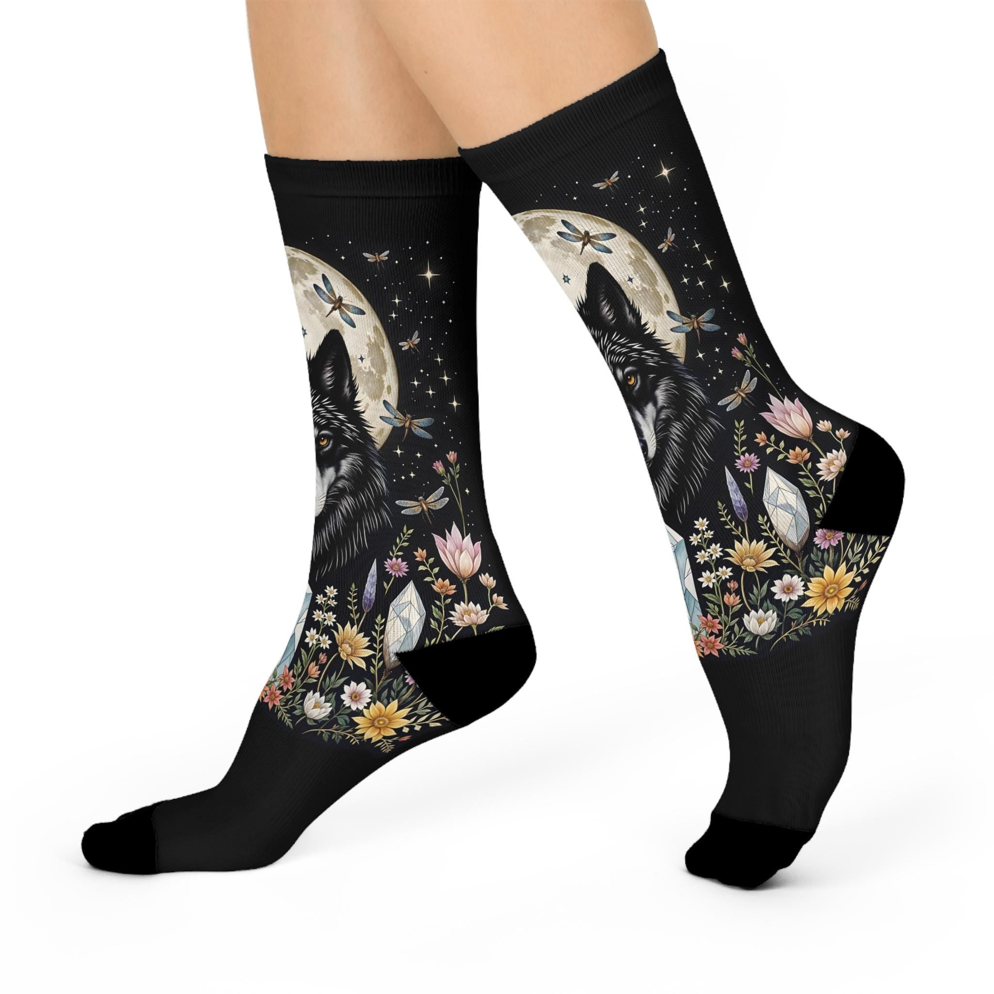 Wolf Full Moon Socks, Cottagecore Witchy Socks, Emo Punk Gothic Fashion, Crystal Wildflower Womens Adults Unisex Socks