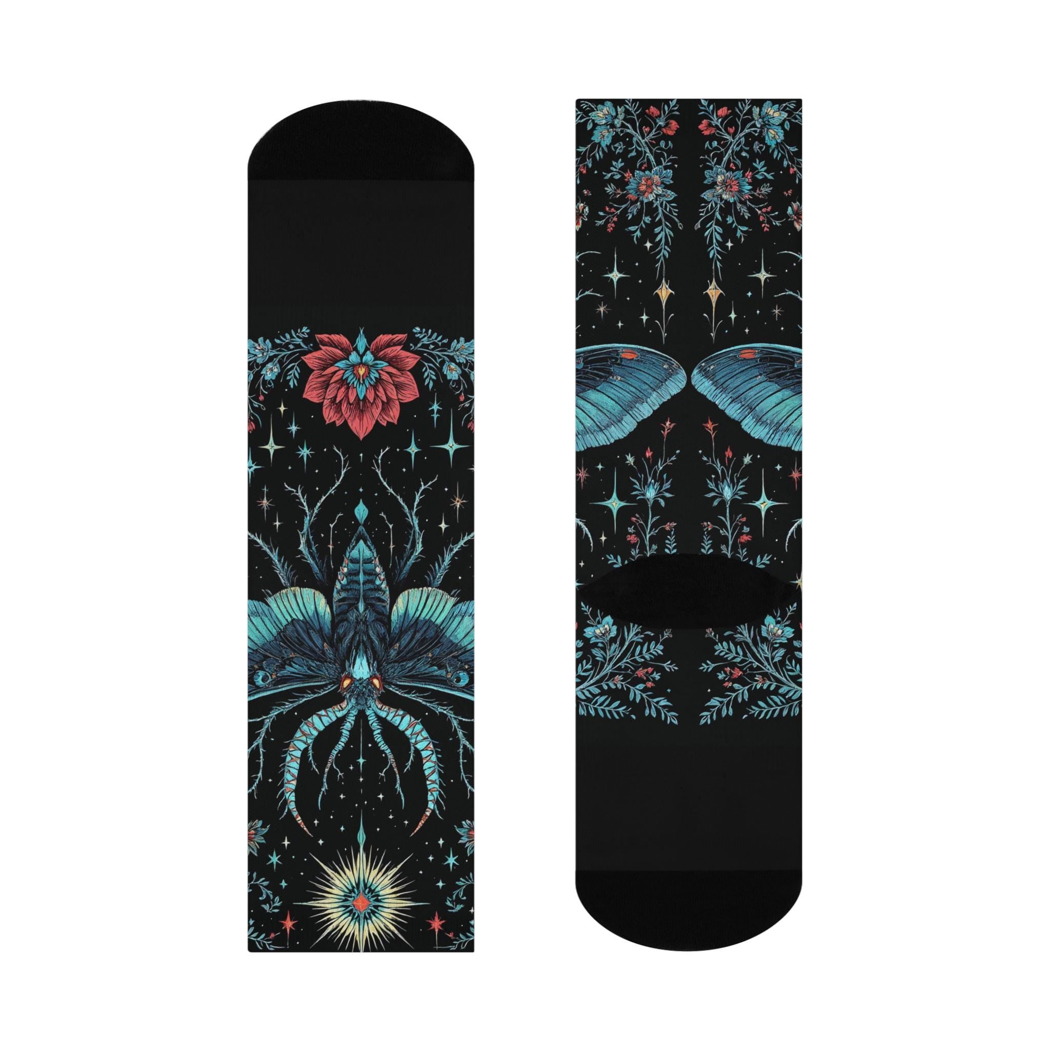 Mothman Socks, Butterfly Wildflower Cottagecore Witchy Socks, Fantasy Gothic Fashion, Fantasy Hippie Womens Adults Unisex Socks