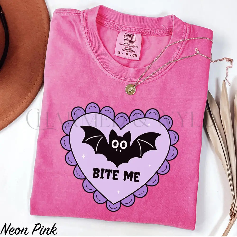 Bite Me Bat Comfort Colors T-Shirt - Neon Pink / S - T-Shirt