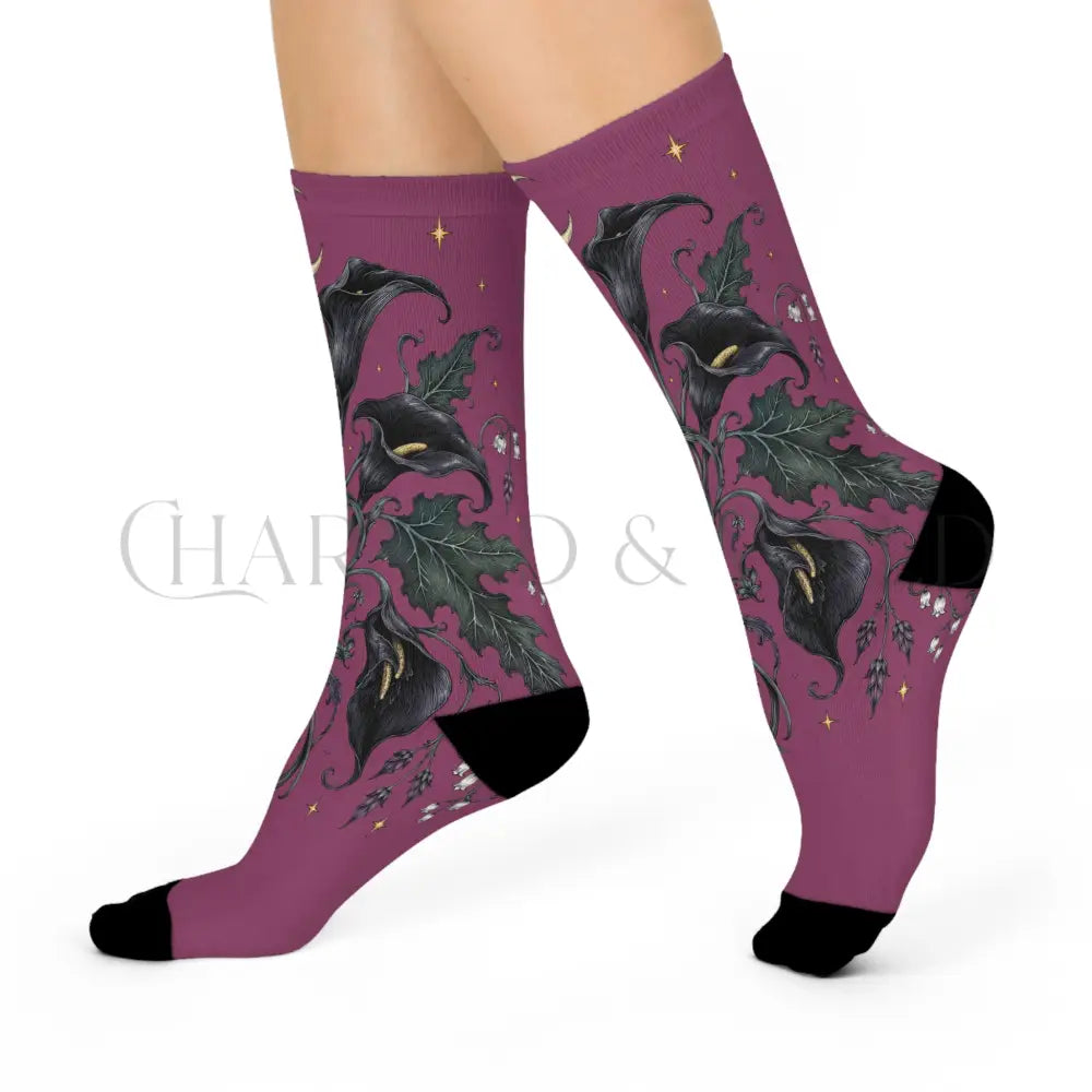 Black Calla Lily Socks - One size / 3/4 Crew - All Over Prints