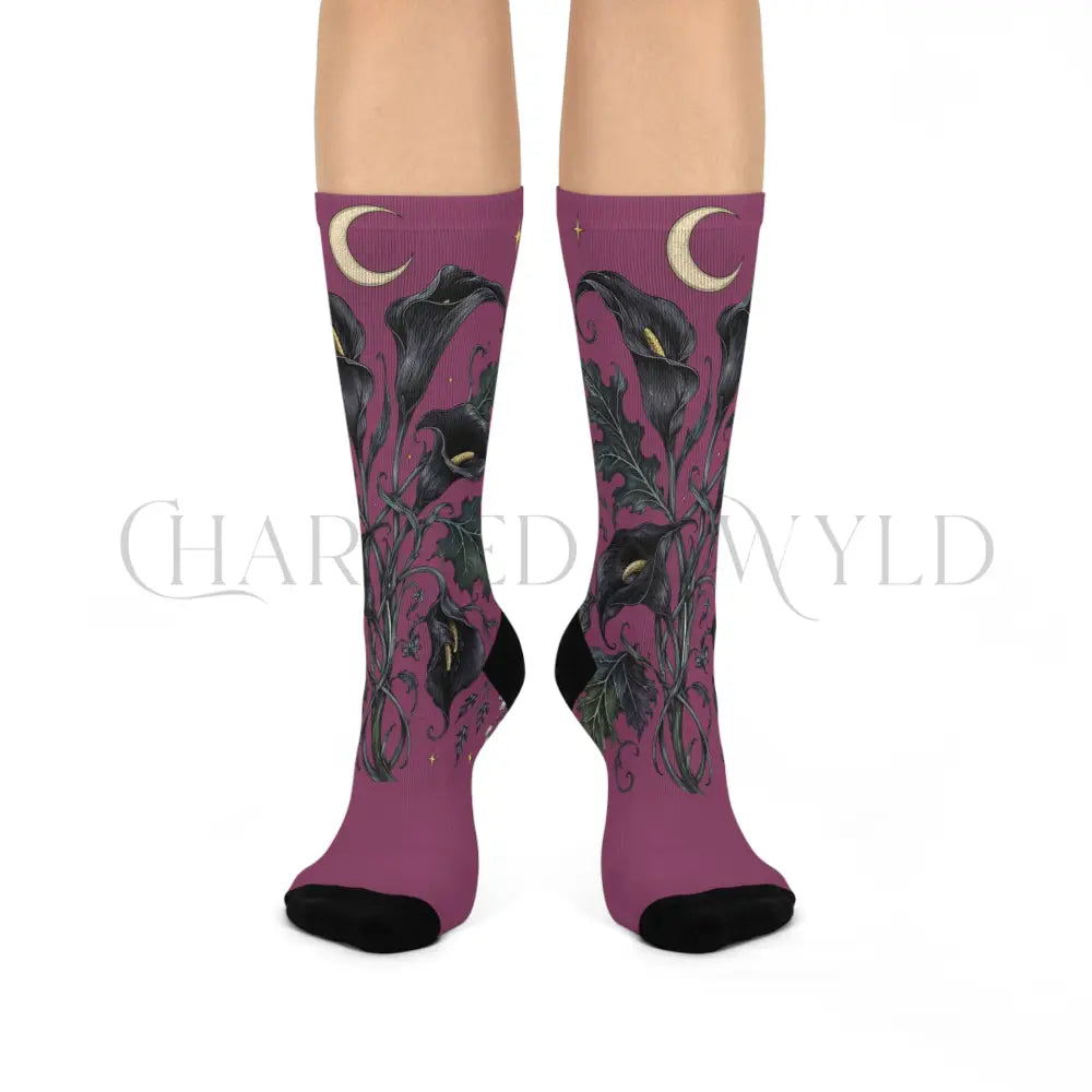 Black Calla Lily Socks - One size / 3/4 Crew - All Over Prints