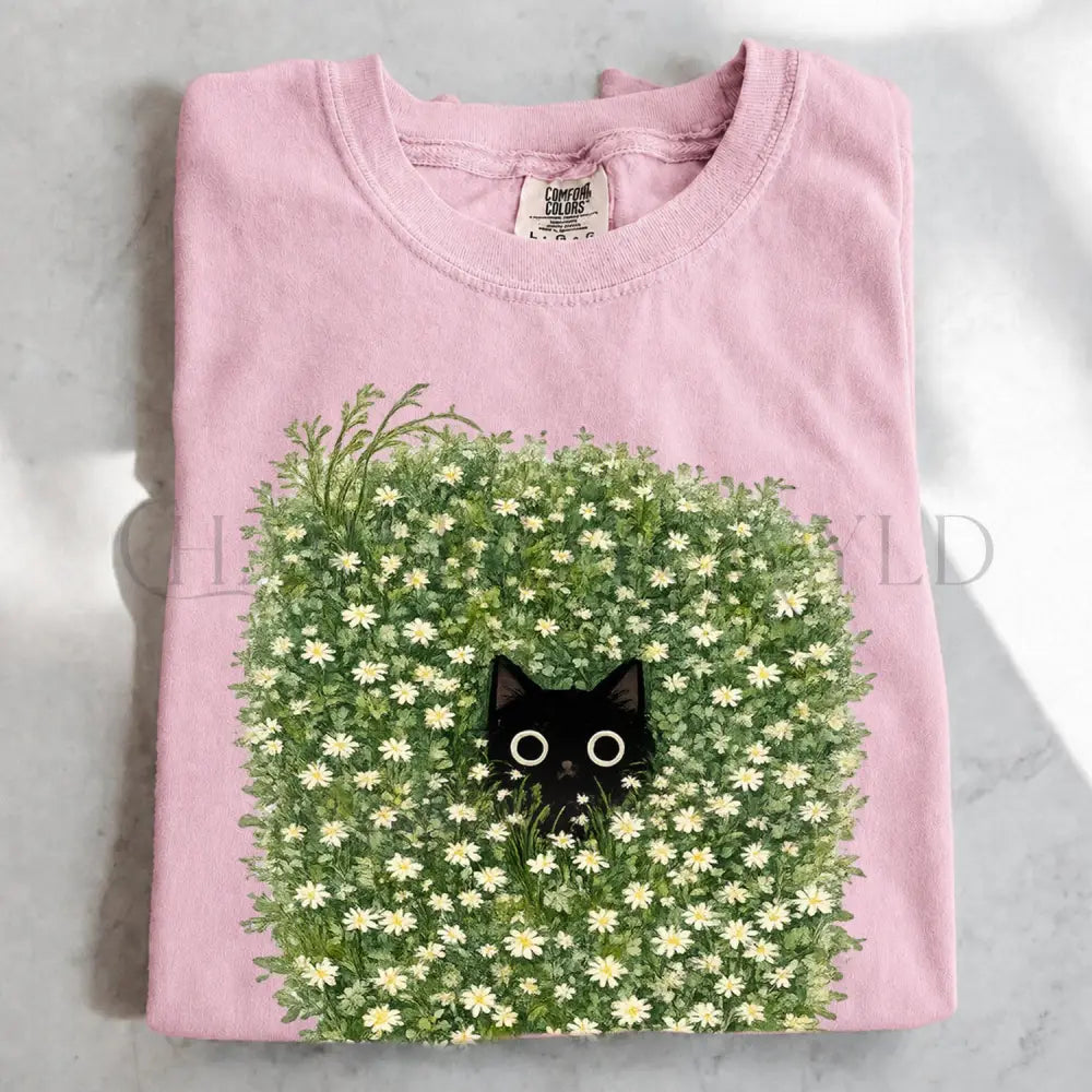 Black Cat Amongst Wildflowers Daisy T-Shirt - Blossom / S - T-Shirt