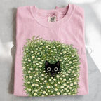 Black Cat Amongst Wildflowers Daisy T-Shirt - Blossom / S - T-Shirt