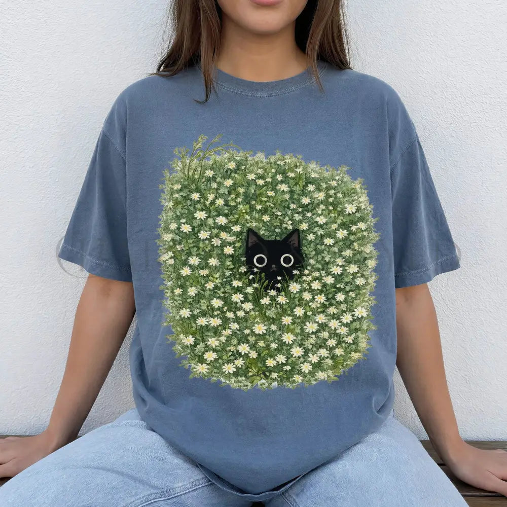 Black Cat Amongst Wildflowers Daisy T-Shirt - Blue Jean / S - T-Shirt