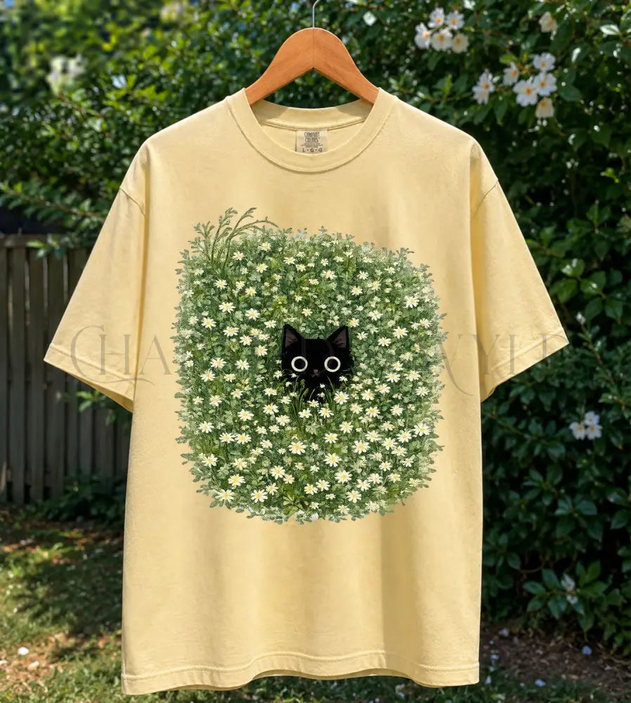 Black Cat Amongst Wildflowers Daisy T-Shirt - Butter / S - T-Shirt