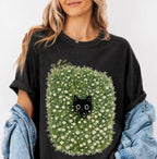 Black Cat Amongst Wildflowers Daisy T-Shirt - Black / S - T-Shirt