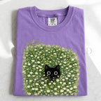 Black Cat Amongst Wildflowers Daisy T-Shirt - Violet / S - T-Shirt