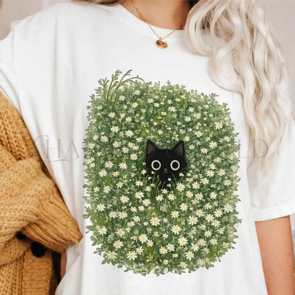 Black Cat Amongst Wildflowers Daisy T-Shirt - White / S - T-Shirt