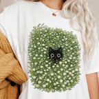 Black Cat Amongst Wildflowers Daisy T-Shirt - White / S - T-Shirt