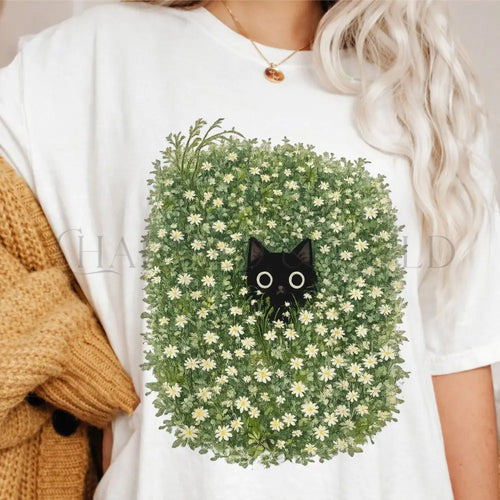 Black Cat Amongst Wildflowers Daisy T-Shirt - White / S - T-Shirt