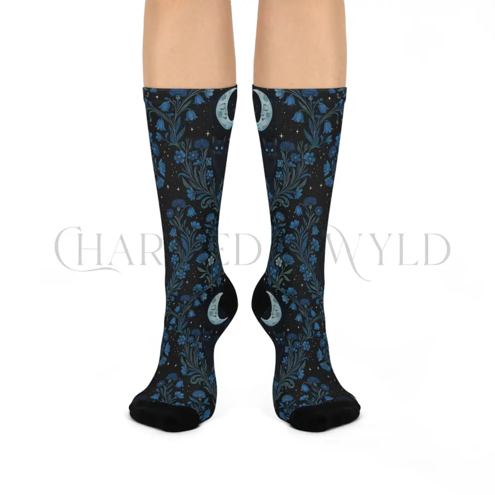 Black Cat Blue Wildflower Socks - One size / 3/4 Crew - All Over Prints