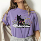 Black Cat Book in the Garden T-Shirt - Charmed and Wyld