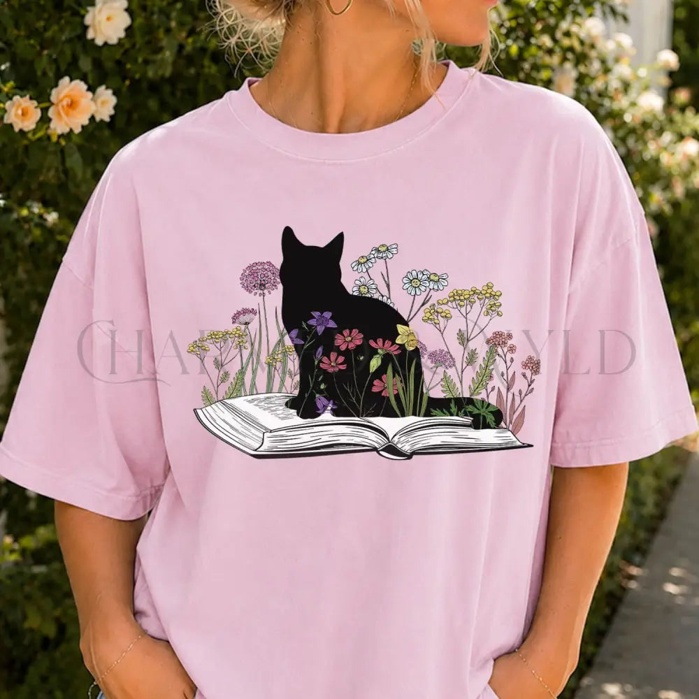 Black Cat Book in the Garden T-Shirt - Charmed and Wyld