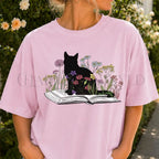 Black Cat Book in the Garden T-Shirt - Charmed and Wyld