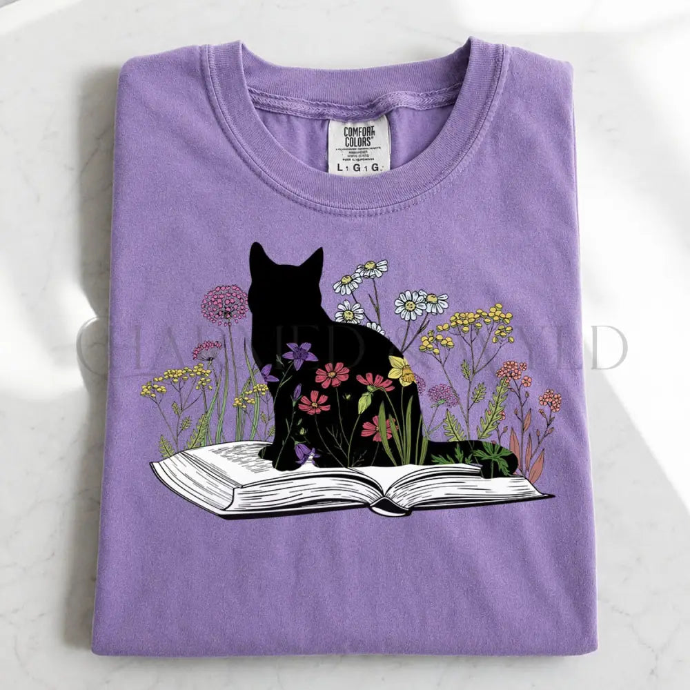 Black Cat Book in the Garden T-Shirt - Charmed and Wyld