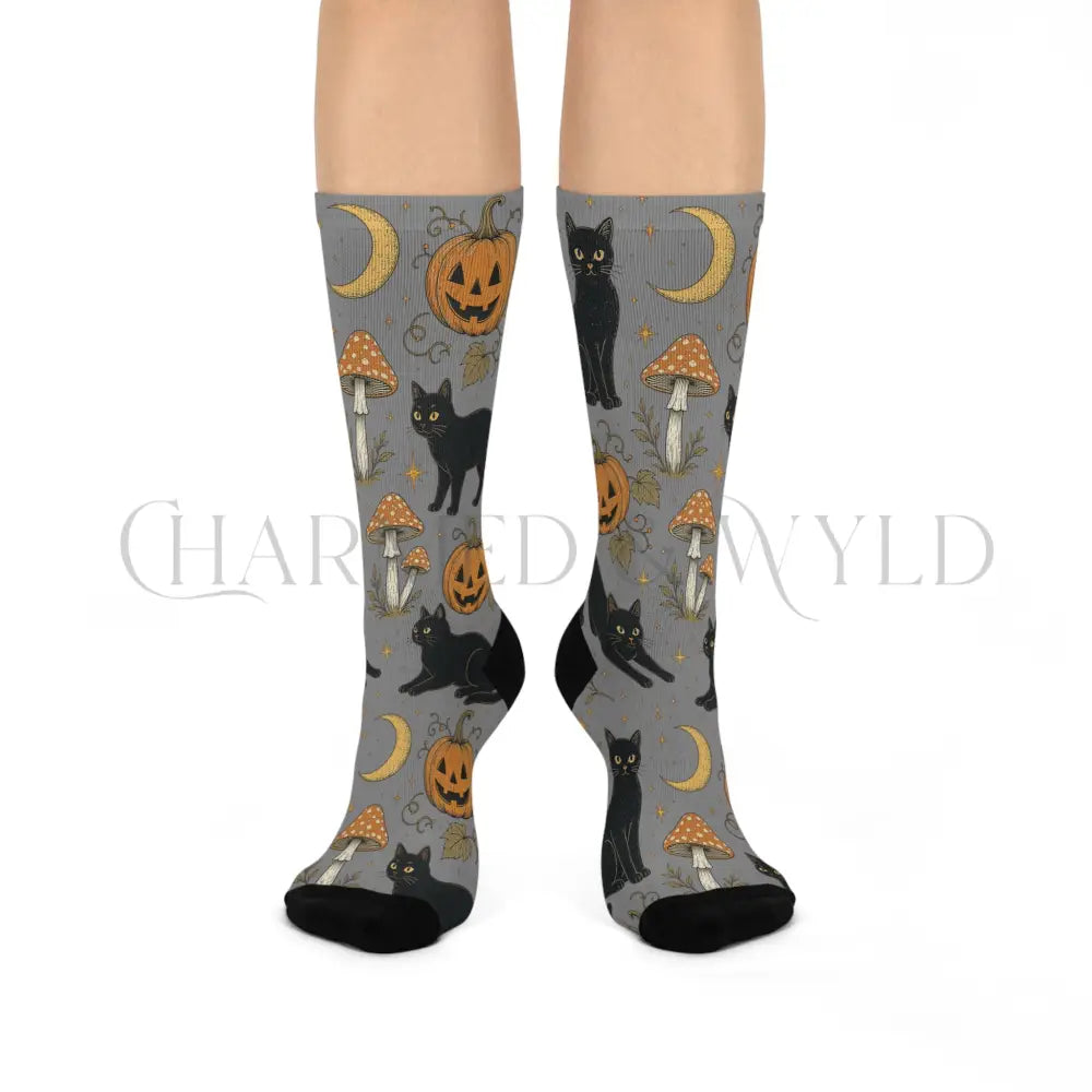 Black Cat Pumpkin Patch Socks - One size / 3/4 Crew - All Over Prints