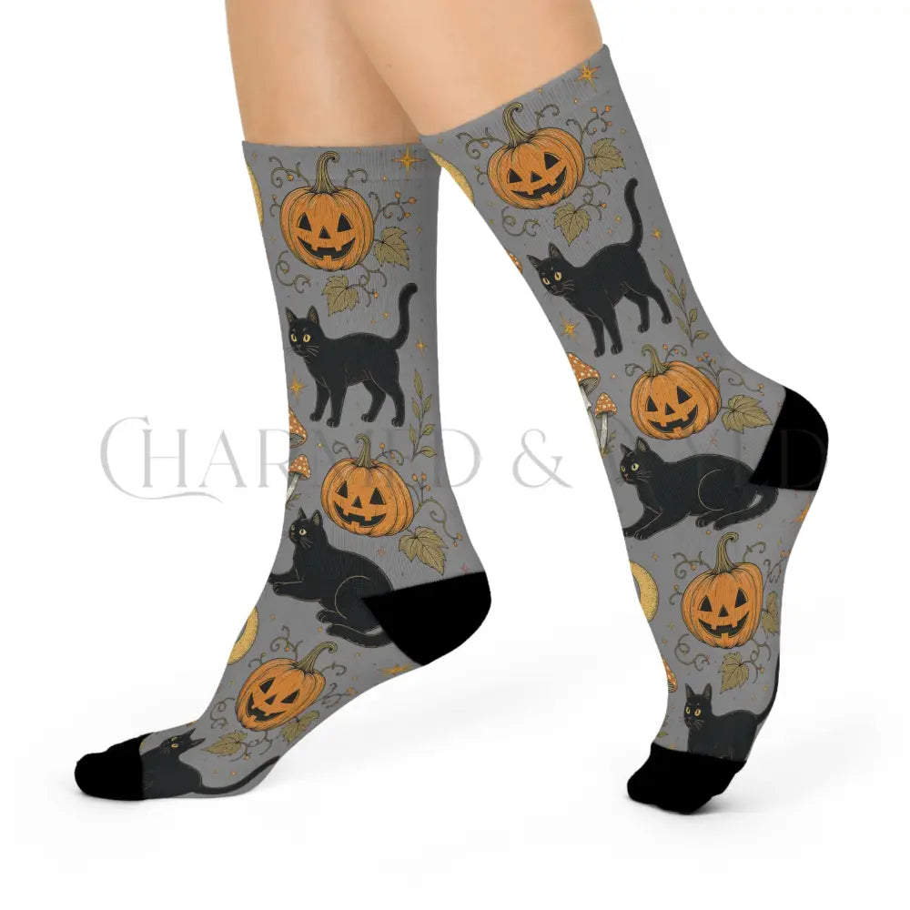 Black Cat Pumpkin Patch Socks - One size / 3/4 Crew - All Over Prints