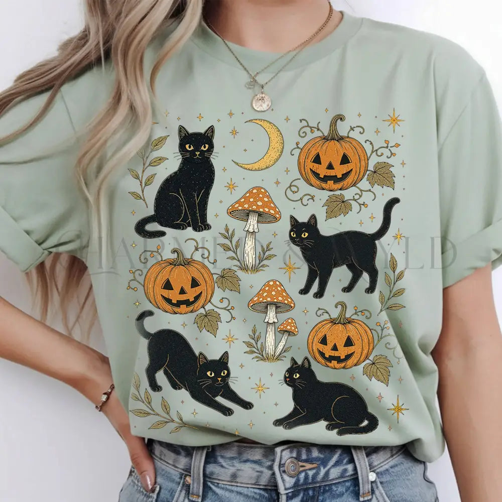 Black Cat Pumpkin Patch T-Shirt - Bay / S - T-Shirt