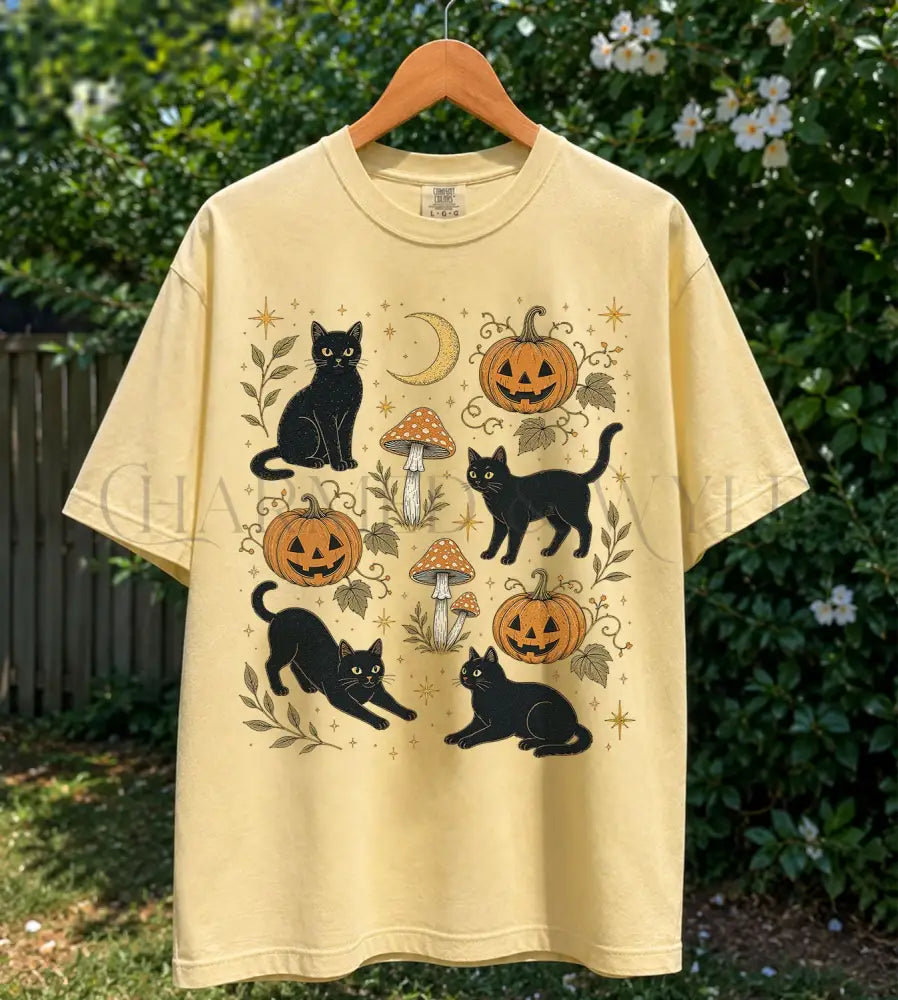 Black Cat Pumpkin Patch T-Shirt - Butter / S - T-Shirt