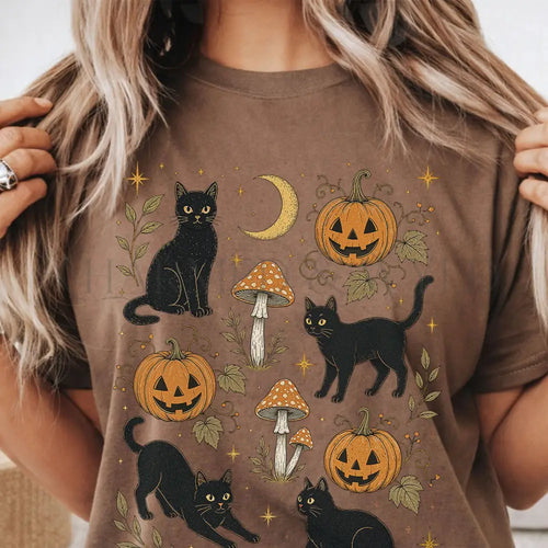 Black Cat Pumpkin Patch T-Shirt - Espresso / S - T-Shirt