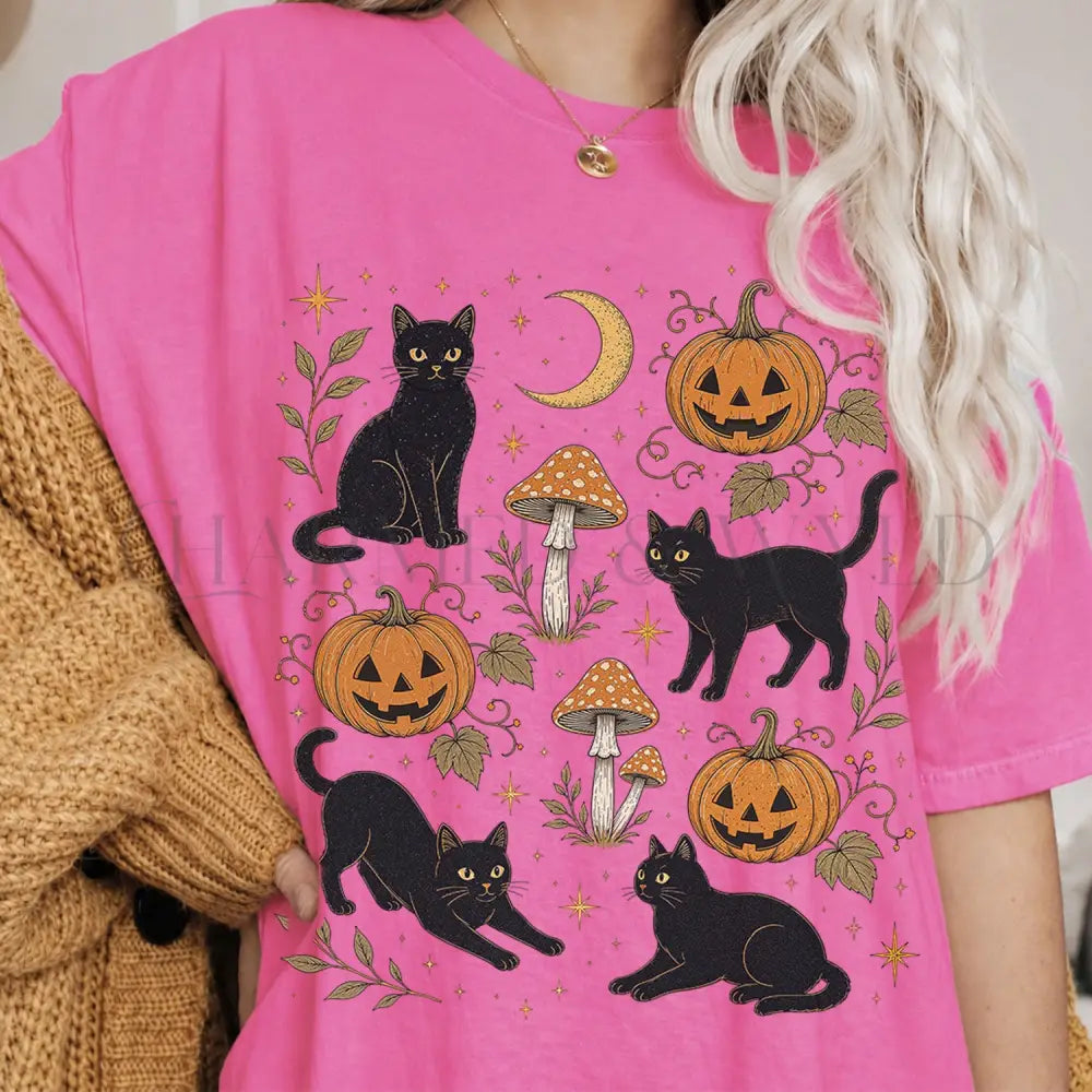Black Cat Pumpkin Patch T-Shirt - Neon Pink / S - T-Shirt