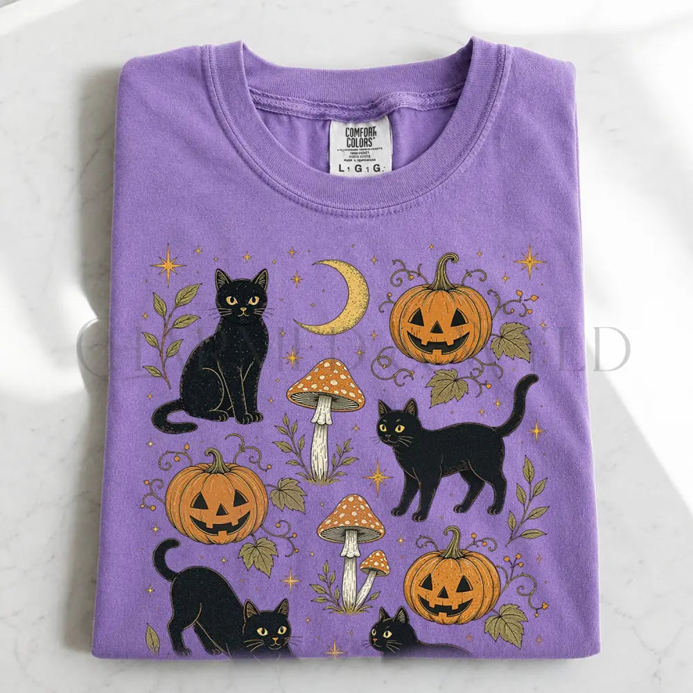 Black Cat Pumpkin Patch T-Shirt - Violet / S - T-Shirt