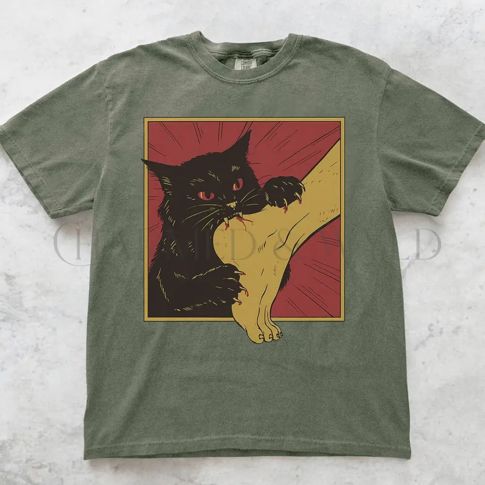 Black Cat Vampire T-Shirt - Moss / S - T-Shirt