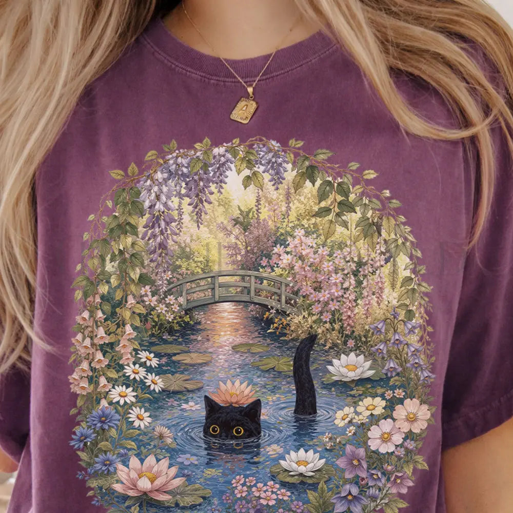 Black Cat Waterlily T-Shirt - T-Shirt