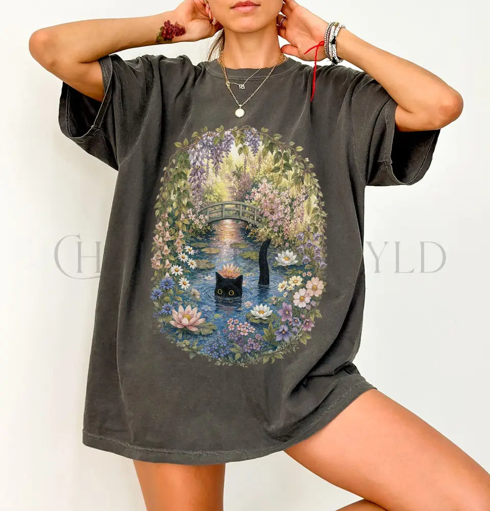 Black Cat Waterlily T-Shirt - T-Shirt
