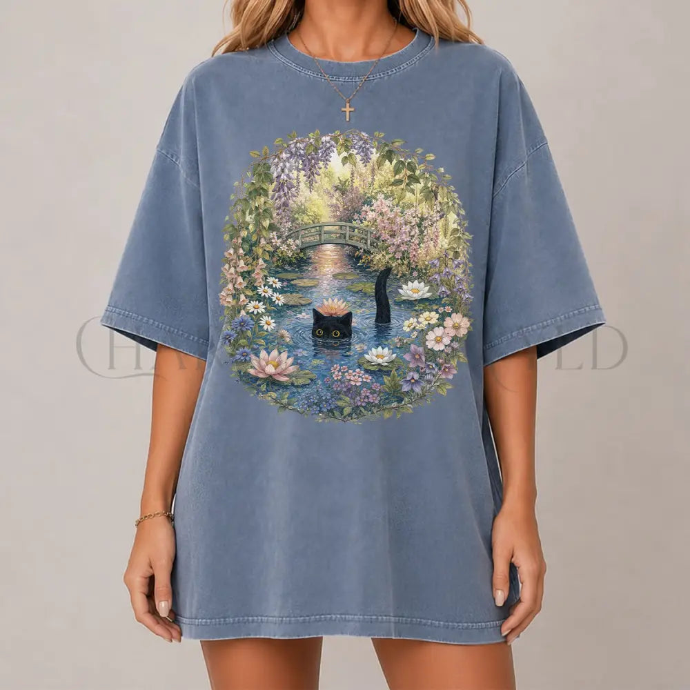Black Cat Waterlily T-Shirt - Blue Jean / S - T-Shirt
