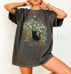 Black Cat Wildflower T-Shirt - T-Shirt