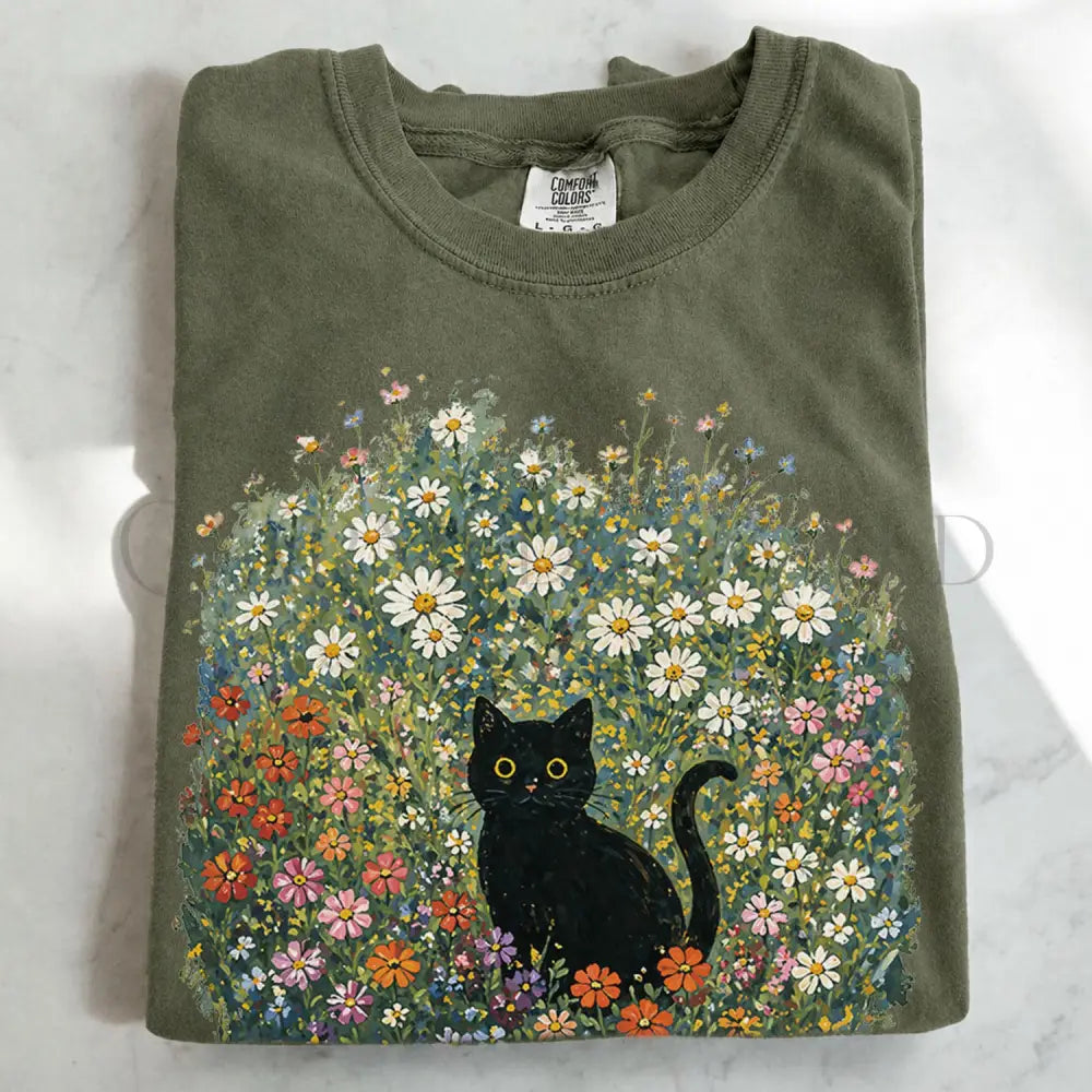 Black Cat Wildflower T-Shirt - T-Shirt