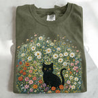 Black Cat Wildflower T-Shirt - T-Shirt