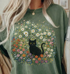 Black Cat Wildflower T-Shirt - Moss / S - T-Shirt