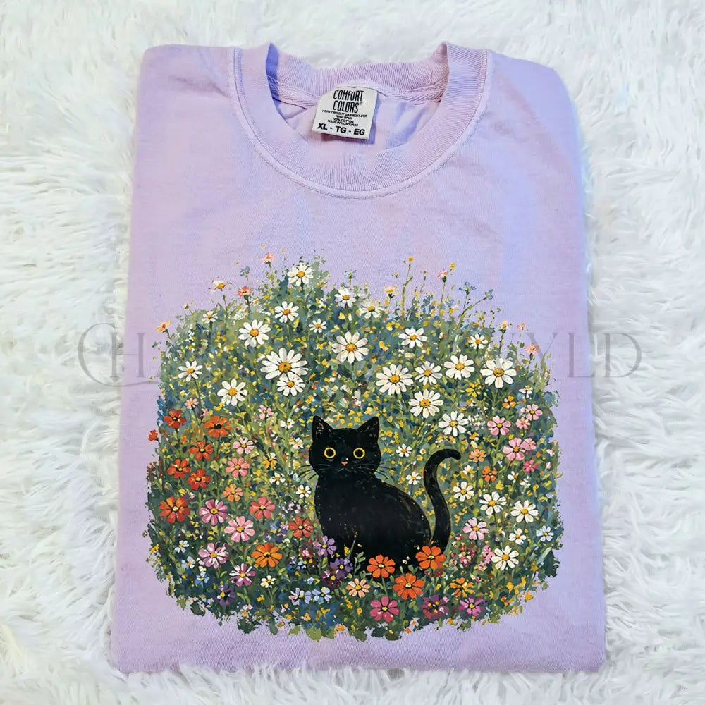 Black Cat Wildflower T-Shirt - Orchid / S - T-Shirt